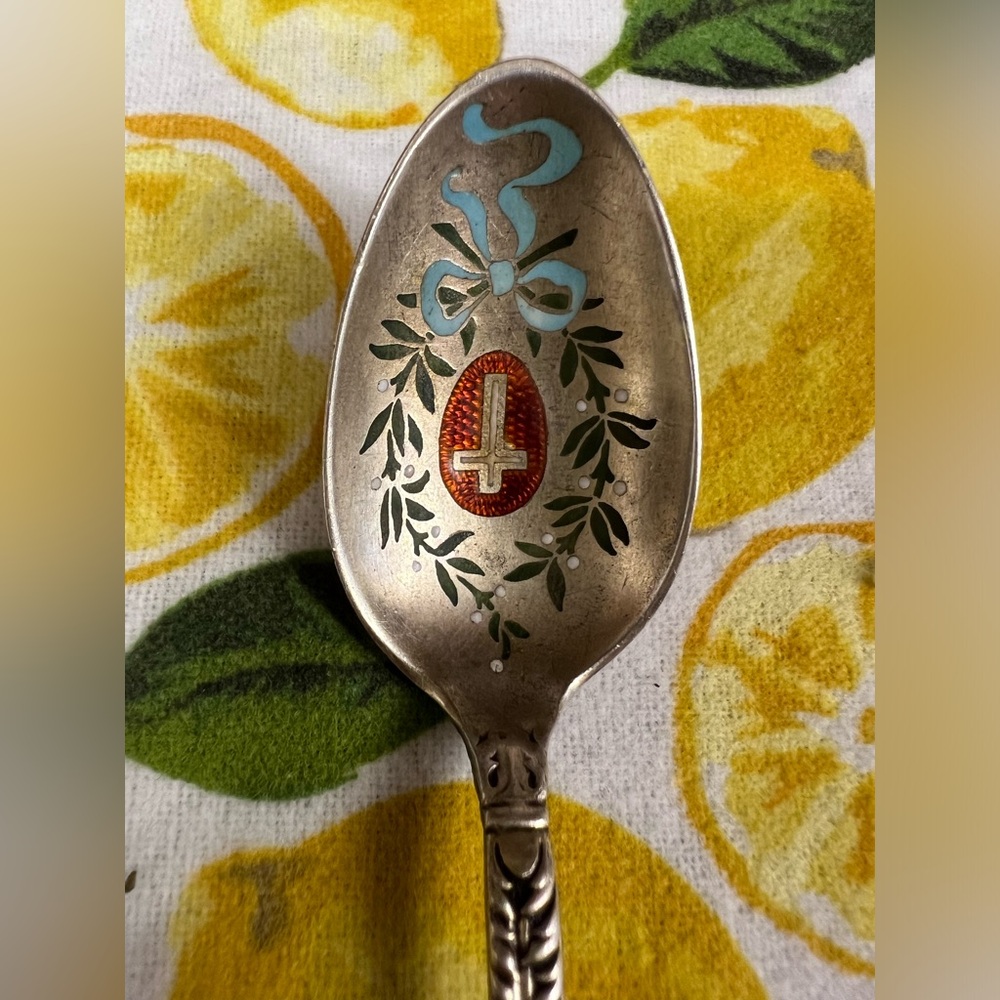 Sterling Silver Ornate Demitasse Spoon W/cross, Blue Enamel Ribbon & Wreath